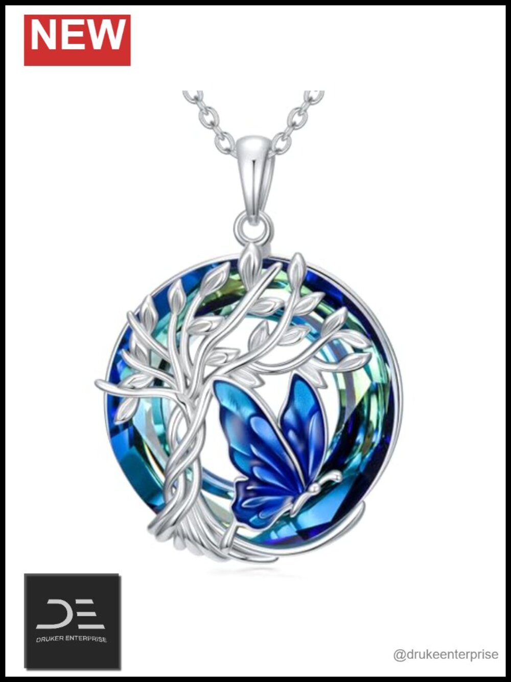 925 Sterling Silver Butterfly Tree of Life Crystal Pendant Necklace